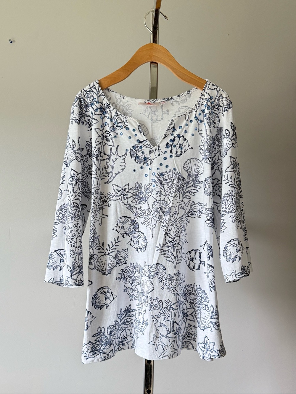 Quacker Factory Lets Get Tropical Embellished 3/4 Sleeve Top Large L QVC